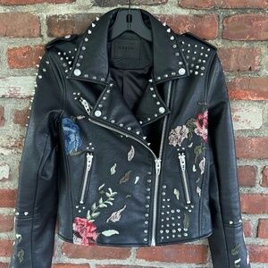 BLANK NYC - Floral Embroidered Studded Faux Leather Moto Jacket - Size XS